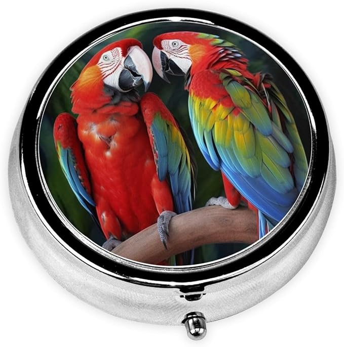 Pill Box 3 Compartment Medicine Pill Organizer Two Colored Parrots Round Pill Case for Purse & Pocket Travel Pillbox Portable Metal Medicine Vitamin Fish Oil Organizer Unique Gift
