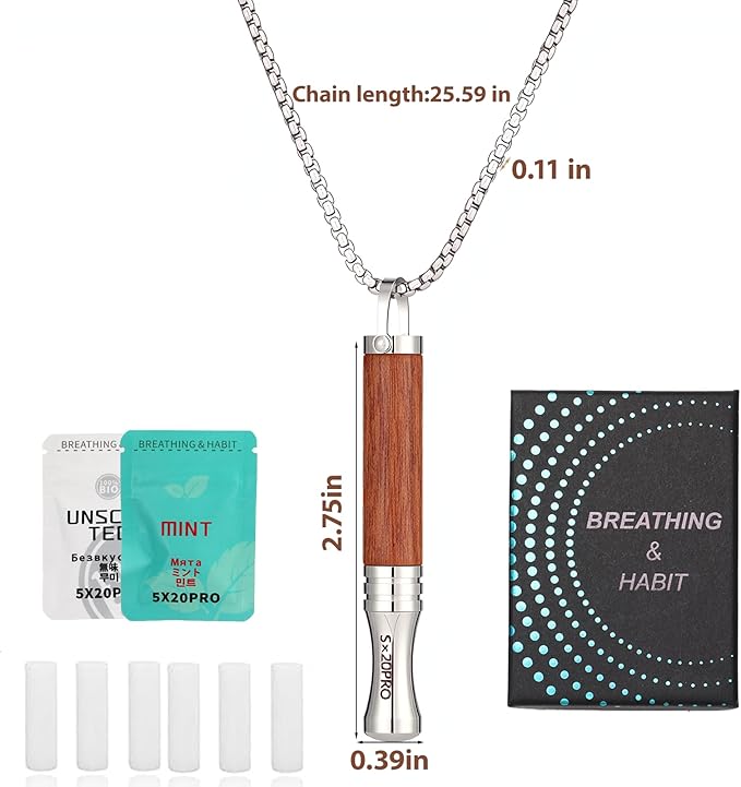 Breathe Free Necklace with Mint Filter, Anxiety & Stress Relief Breath Tool for Meditation, Quit Smoking & Vaping Tool with Air Filter, Anxiety Relief Breathing Tool (Rosewood)