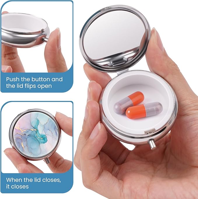 Mini Pill Box, Small Pill Box, Portable Pill Box, Cute Pill Organizer for Vitamins, Medications, Fish Oil and Supplements (Blue Marble)