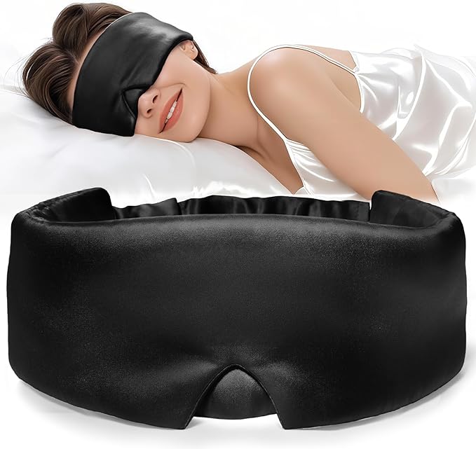 LitBear Silk Sleep Mask for Women Men, Adjustable 100% Mulberry Silk Sleep Eye Mask for Side Sleeper, Total Blackout Eye Cover for All Night Sleep, Travel, Office, or Napping (Black)