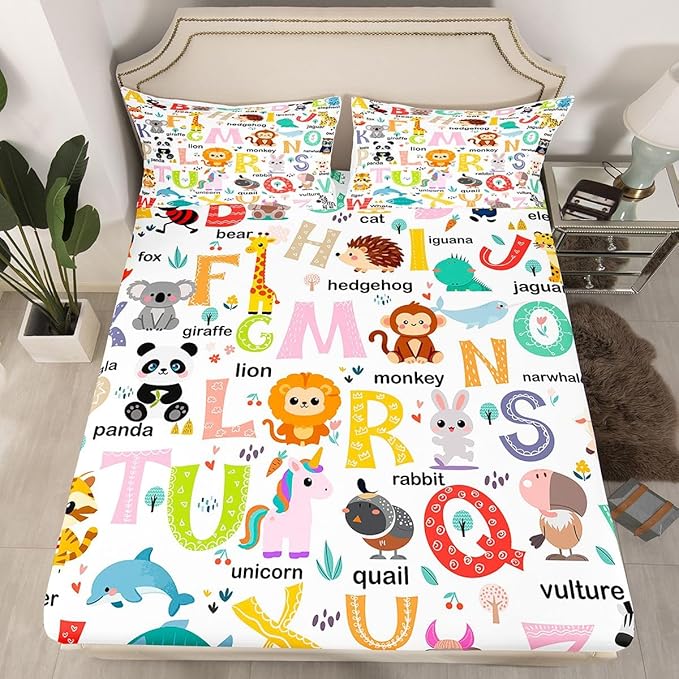 ABC Alphabet Bedding Set Full Size for Boys Girls, Cartoon Animal Bed Sheet Set Cute Educational Learning Tool Fitted Sheet Learning Educational Bed Cover (2 Pillow Cases and a Fitted Sheet)