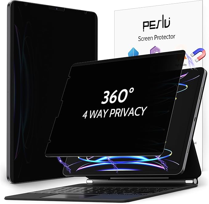 4 Way Magnetic Privacy Screen Protector for iPad Pro 12.9 Inch 2018 2020 2021 2022, Removable 360 Degree Spy Private Black Security Screen Filter, Easy Install Anti Blue Light Glare