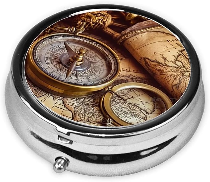 Compass and Old World Map Pill Box 3 Compartment Small Pill Case for Purse & Pocket Decorative Metal Medicine Case Travel Pillbox Round Pill Organizer Vitamin Container Unique Gift