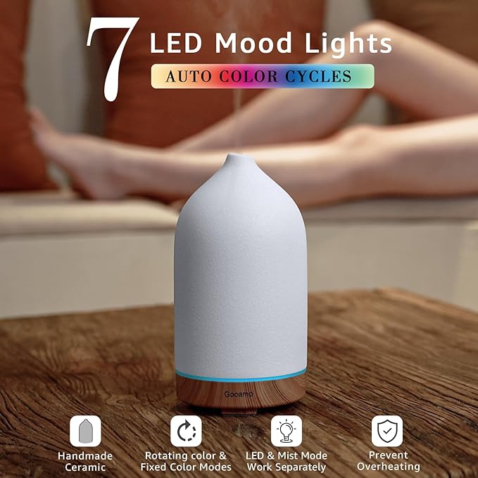 200ML Ceramic Essential Oil Diffuser (2 Pack) - Ultrasonic Aromatherapy & Humidifier with 7-Color LED Lights, Auto Shut-Off, Wood Grain Base, 1H/3H/6H Timer | Scent for Home, Office, Yoga