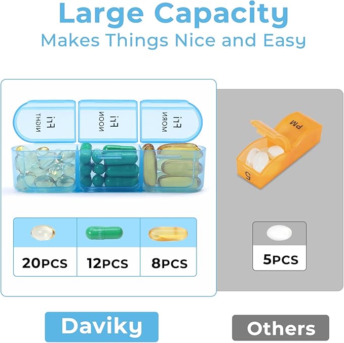 Daviky Pill Organizer Travel, Weekly Pill Organizer 3 Times a Day, Pill Box 7 Day, Pill Cases Organizers 7 Day, Daily Pill Box Organizer, Medicine Organizer to Hold Vitamins and Medication (Blue)