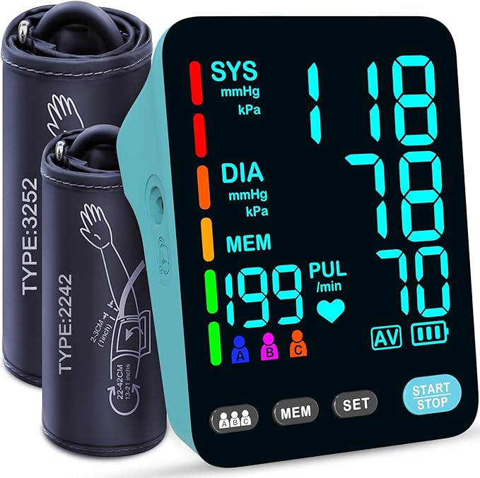 Blood Pressure Monitor, Automatic Upper Arm Blood Pressure Monitors for Home Use, 2 Blood Pressure Machine Cuff(9-17in & 13-21in) with Large LED Backlit Display, 3x199 Reading Memory Light Blue