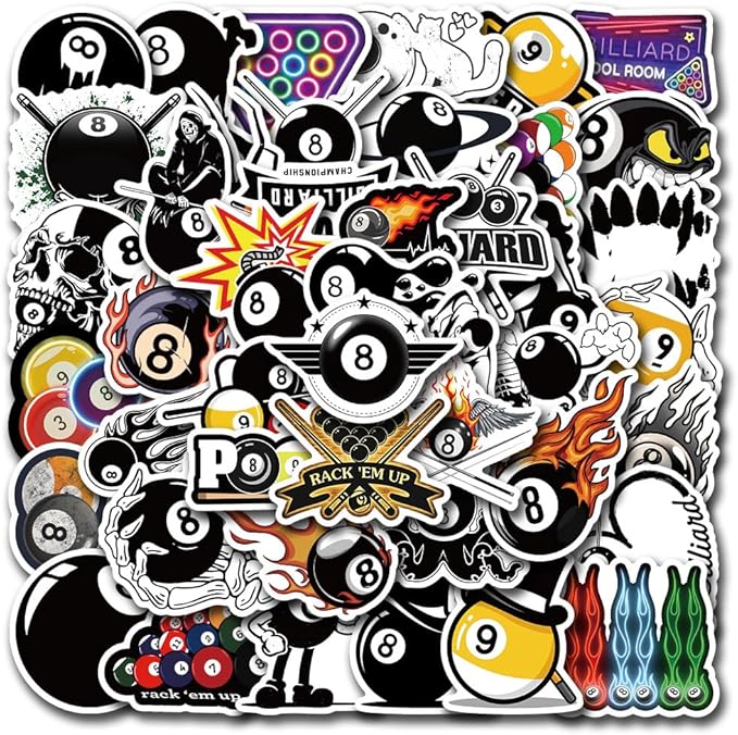 50PCS Billiards Stickers - Premium Vinyl Waterproof Decals, Perfect for Water Bottles, Cue Sticks & All Smooth Surfaces, Ideal Gift for Billiards Enthusiasts (billiard-50)