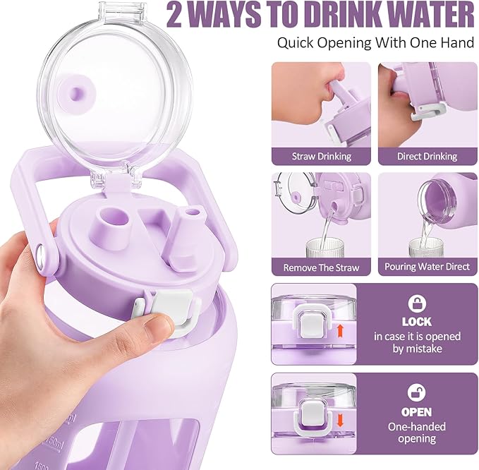 BLUEGO 84oz Glass Water Bottle with Straw and Handle, Large Water Bottle with Sip & Chug Lid, 2.5L Water Jug Silicone Sleeve with Time, Full Day Drinking Bottle for Sports BPA Free, Purple