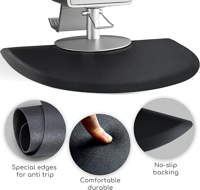 Salon Chair Anti-Fatigue Floor Mat for Barber Shop - 3'x5' Black Semi Circle for Hair Stylist - 1/2" Thick Standing Mat