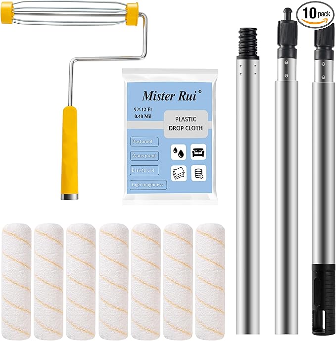 Mister Rui Paint Roller Kit, 10 Pack, 9 Inch Paint Roller Frame with Microfiber Roller Covers, Stainless Steel Extension Pole 3 Segments Total 3 Ft, Paint Supplies for Walls and Ceilings