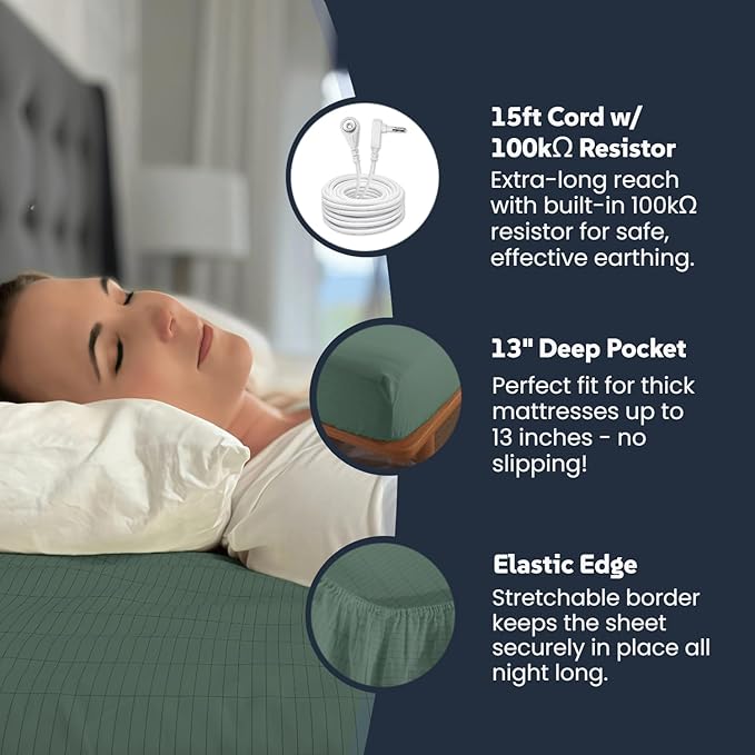 OKOHEY Grounding Fitted Sheets with 15ft Earthing Cord, Queen Size, 90% Organic Cotton + 10% Silver Fiber, Soft & Breathable Grounded Sheet for Better Sleep and Enhanced Wellness, Green