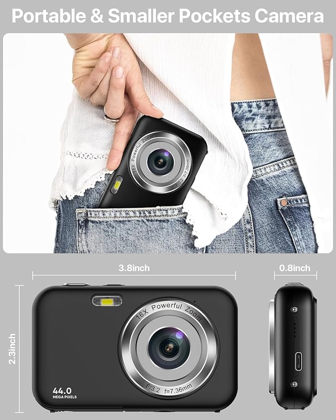 Digital Camera, Kids Camera with 32GB Card, FHD 1080P 44MP Vlogging Camera, 16X Zoom Point and Shoot Digital Camera Compact Portable Rechargeable Cameras for Teens Boys Girls Students Seniors-Black