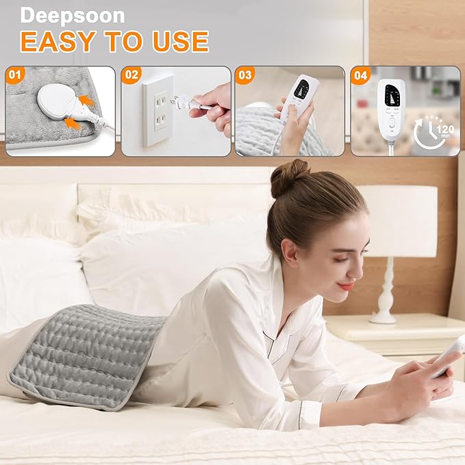 Deepsoon Heating Pad,Electric Heating Pads for Back,Neck,Abdomen,Moist Heating Pad for Shoulder,Knee,Arms,Legs,Dry/Moist Heat & Auto Shut Off,Christmas Gifts for Men and Women,Silver,24x12 Inch