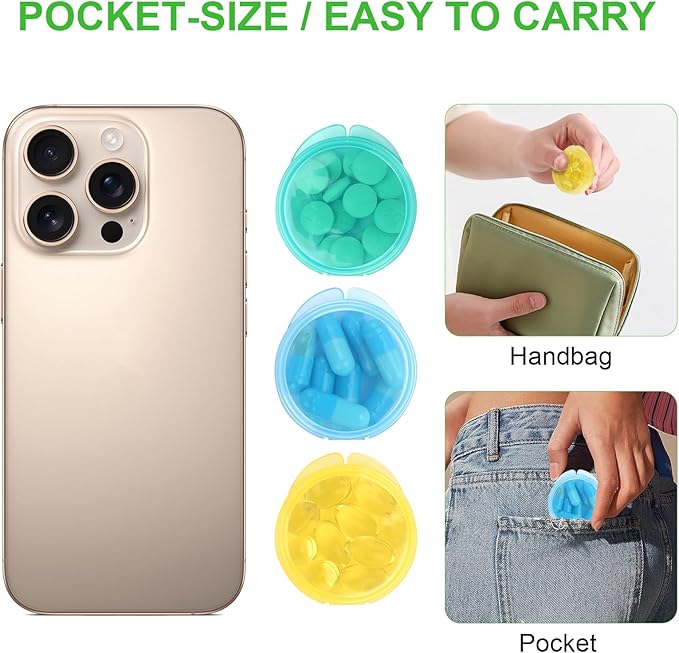 Small Pill Case,8 Pack Travel Round Pill Boxes,Portable Mini Daily Pill Organizer Container,Tiny Medicine Storage for Pocket Purse,Clear Compact Caddy Dispenser for Vitamin, Cod, Liver Oil - Colored