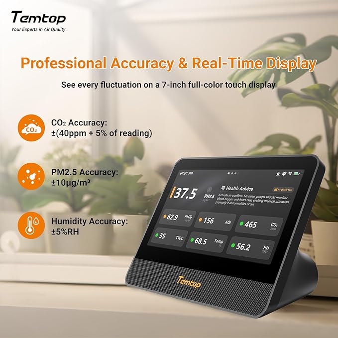 Temtop M100 2nd Gen Air Quality Monitor for Indoor Air, 7-Inch Touch Screen, Real-Time Tester for PM2.5, CO2, TVOC, Temp & Humidity, WiFi App & Multi-Room Monitoring with Smart Insights