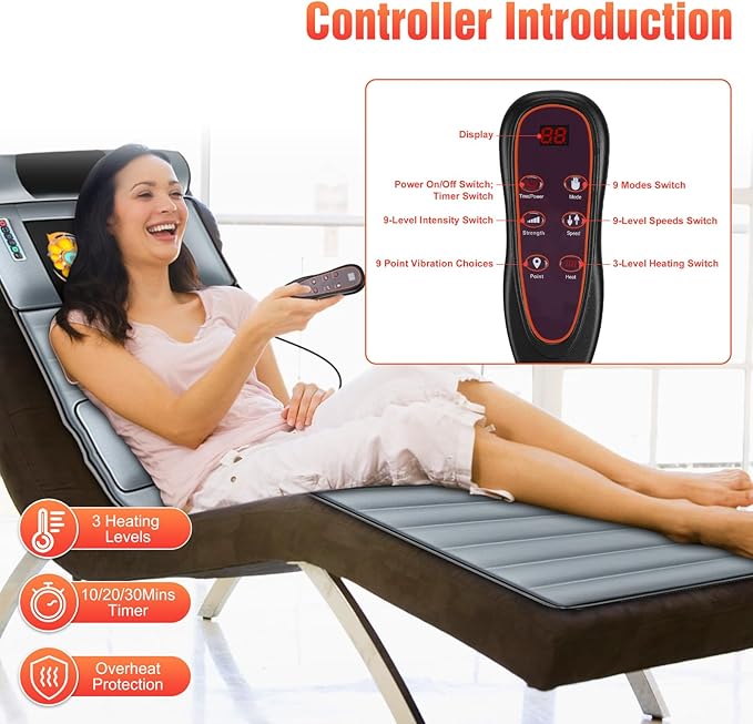 Heated Full Body Massage Mat – 10 Motors Vibration Massage Pad for Bed, with Inflatable Neck Pillow & Lumbar Support, 3 Timer Settings, Electric Shiatsu Back Massager for Home Use