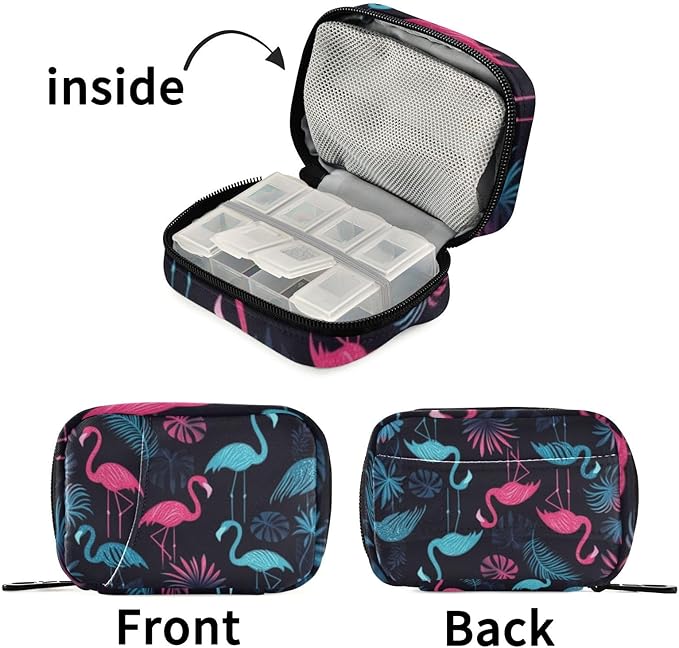 Travel Pill Case Flamingo Monstera Palm Tree and Leaf Weekly Small Pill Box 7 Day Pill Box Pill Organizer Bag