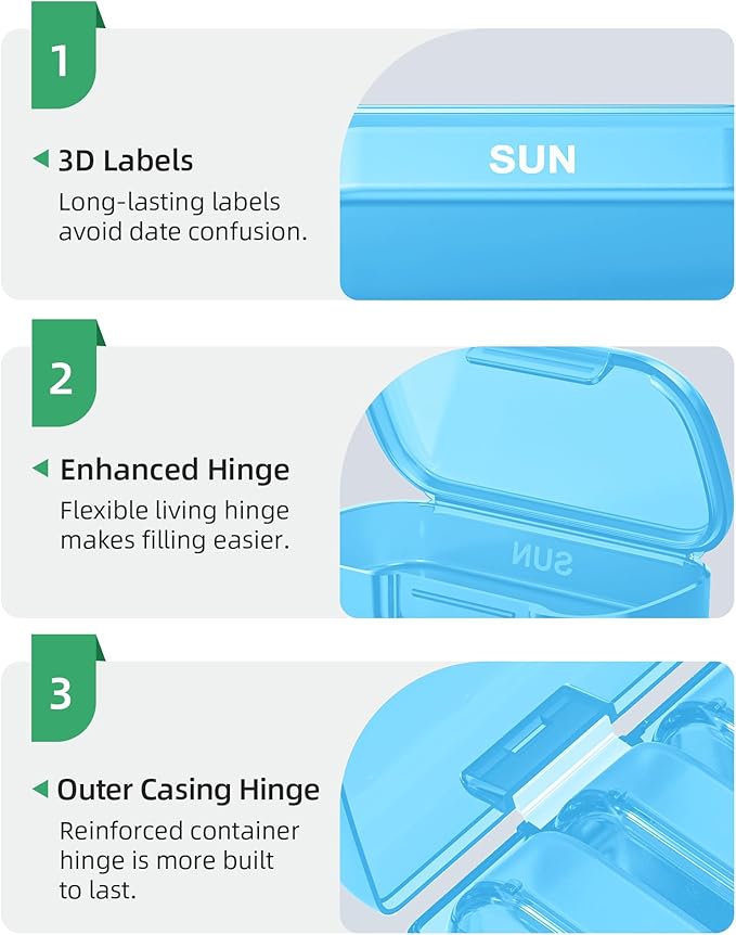 PULIV Weekly Pill Organizer with Large Capacity, Dual Protection Pill Box 7 Day, Arthritis Friendly Pill Case Easy to Open, Medicine Organizer for Vitamins, Medications, Fish Oils, Supplements (Blue)