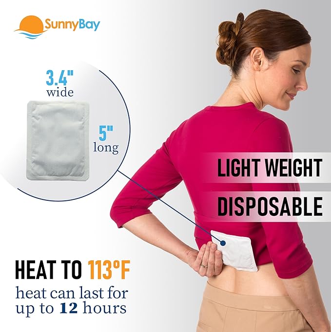SunnyBay Adhesive Heat Patches for Neck, Knee, and Upper or Lower Back, Air-Activated Heat Pads for Menstrual Cramps, Stiffness, Sprains, and More, Stick to Clothing, 5x3 inches, 30 Count
