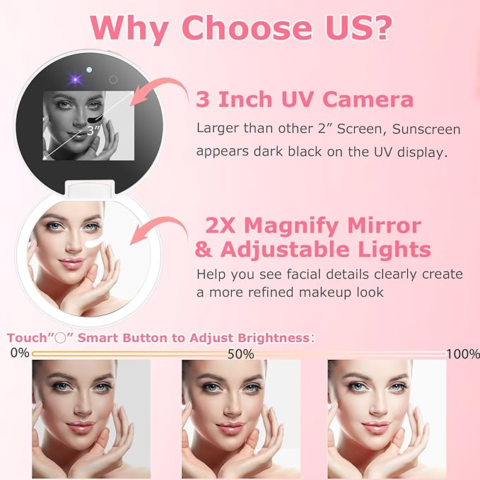 UV Camera for Sunscreen Test UV Mirror Sunscreen Camera, 3.8 Inch Rechargeable 2X Magnifying Vanity Mirror with Light Handheld Double-Sided Pocket Mirror for Skin Protection(White)