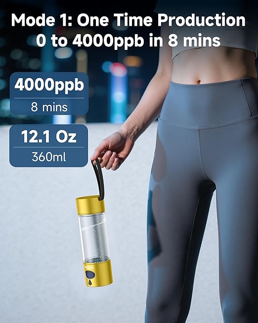 Hydrogen Water Bottle - 5000 PPB in 8 Minutes, Cyclic Mode for 8 Hours, Self Clean, Aluminum & Glass, for Travel Sports Office Home, Gift for Father Mom Family Friends Clients(Gold, 12Oz)
