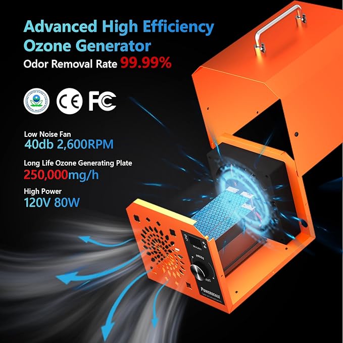 Powerscale Commercial Ozone Machine 250,000mg/h Odor Removal Intelligent Control Ozone Generator Odor Eliminator OZB3 for Large Homes Offices High Capacity Ozone Air Purifier to 21,000sq.ft. Orange