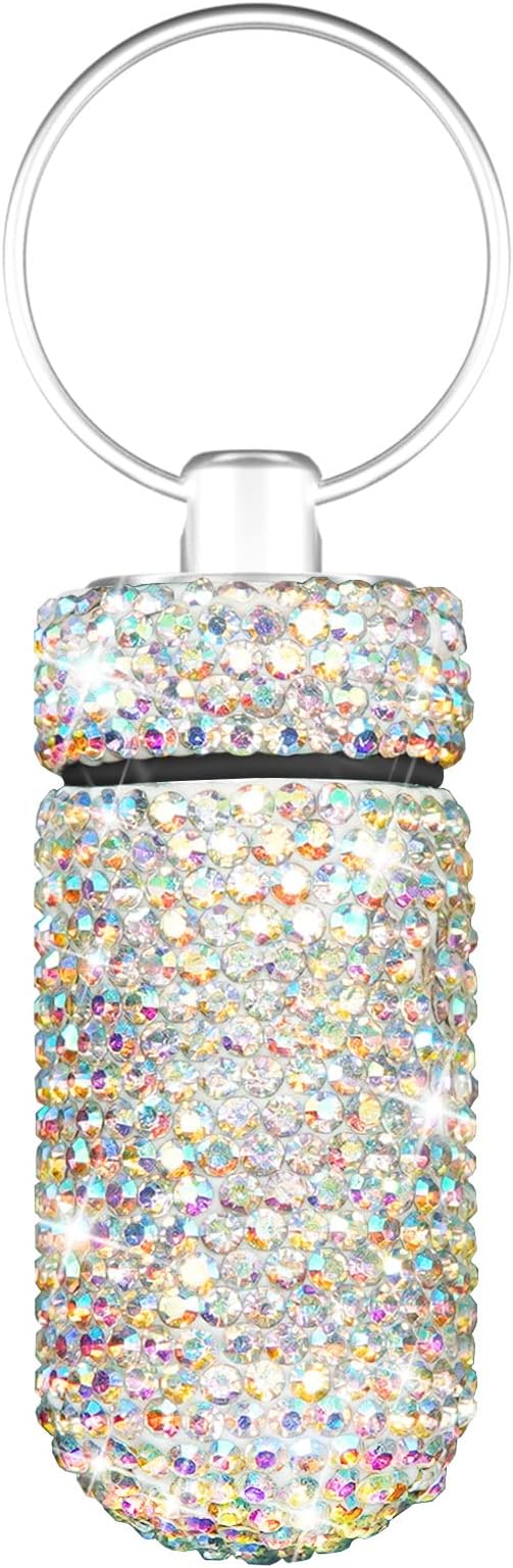 Yuchew Bling Pill Case Pill Container Rhinestone Pill Box Portable Waterproof Pocket Pill Holder Storage Bottle with Keychain for Travel, Outdoor, Camping (AB Color)