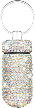 Yuchew Bling Pill Case Pill Container Rhinestone Pill Box Portable Waterproof Pocket Pill Holder Storage Bottle with Keychain for Travel, Outdoor, Camping (AB Color)