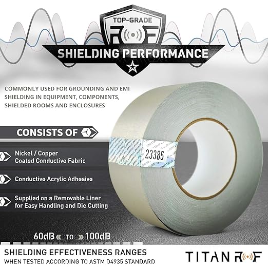 Mission Darkness TitanRF Faraday Tape // 2.5in W x 10ft L (6.35cm x 3.05m) High-Shielding Conductive Adhesive Tape Roll Used to Connect TitanRF Fabric Sheets or Seal RF Enclosures