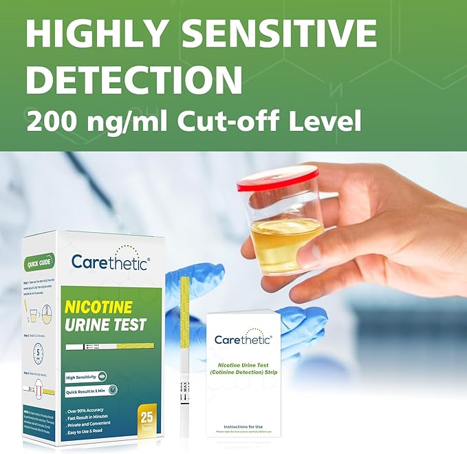 [25 Pack] Carethetic Nicotine Testing Kit at Home - Highly Sensitive Nicotine Cotinine Tobacco Urine Test Strips for Home - Nicotine Urine Test Strips Detection at 200 ng/mL