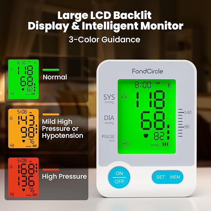 Blood Pressure Monitor, FondCircle Upper Arm Blood Pressure Monitor for Home Use, Stores 2x99 Readings, Bluetooth Enabled with 8.6"-16.5" Cuff, Large Backlit Display, Data Sync App for iOS & Android