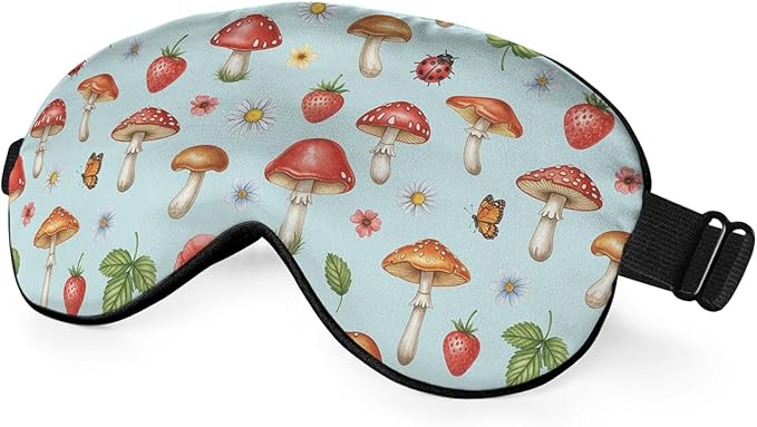 Mushrooms Silk Eye Mask Sleep Mask Summer Flowers Strawberry Butterfly Berries Eye Mask with Adjustable Strap Lightweight for Women Work Travel Night Sleep