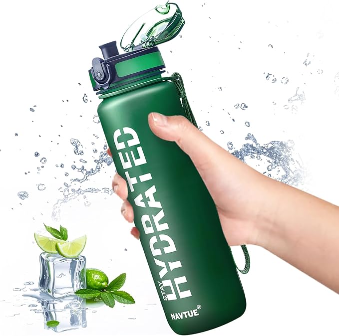 Water Bottle, 32oz Sports Water Bottles with Time Marker Wide Mouth, Motivational and Leakproof Drink Bottle, BPA Free Tritan with Carry Strap for Gym Fitness Outdoor (1 Bottle)