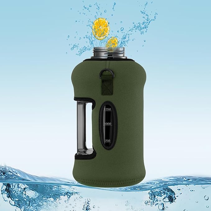 youcanplato 74 oz Half Gallon Water Bottle with Sleeve-Large Water Bottle -Big Gym Water Bottle for Man or Women with Straw- Water Jug with Handle -BPA Free- Leakproof, Workout bottle,Army Green