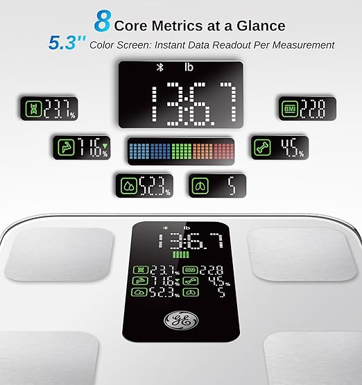 GE Scale for Body Weight: Body Fat, BMI, Muscle Mass, Smart Bathroom Scales with 14 Body Composition Metrics with Large Display, Accurate Bluetooth Weighing Machine with Fitness App, 400 lbs, White