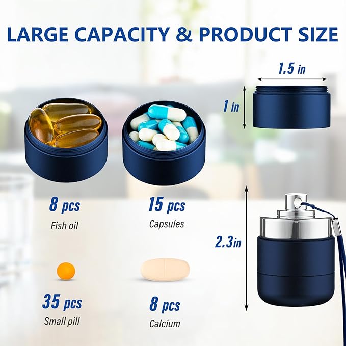 Metal Travel Pill Organizer, Portable Waterproof Daily Pill Box AM PM, Large Aluminum Pill Case Container 2 Times a Day Vitamin Organizer, Daily Medicine Organizer for Vitamin, Fish Oil, Supplement
