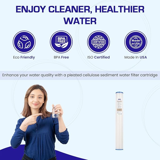 Crystal Quest Pleated Cellulose Sediment Cartridge - 2-7/8” x 20” - 5 Micron Filtration - Durable & Long-Lasting - High Dirt-Holding Capacity - Fits Residential & Commercial Systems
