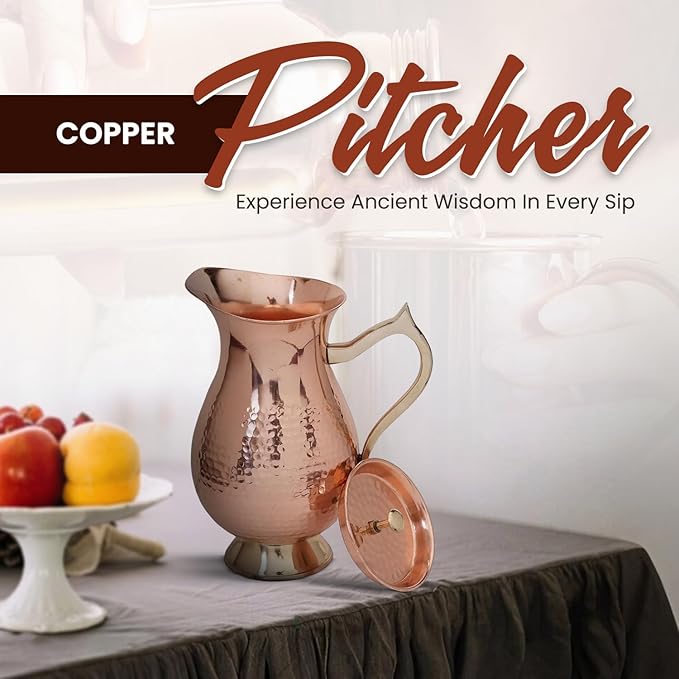 100% Pure Copper Pitcher 50.72 oz 1500 ml, Traditional Mughlai Copper Water Jug with Lid & Handle, Copper Drinking Water Pitcher for Daily Use, Ayurvedic Inspired