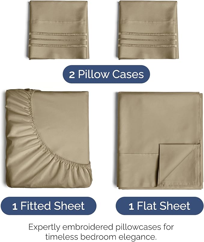 Queen Size 4 Piece Sheet Set - Extra Soft, Breathable & Cooling - Hotel Luxury Durable Bed Sheets - Deep Pockets, Easy-Fit & Wrinkle-Free - Light Caramel Oeko-Tex
