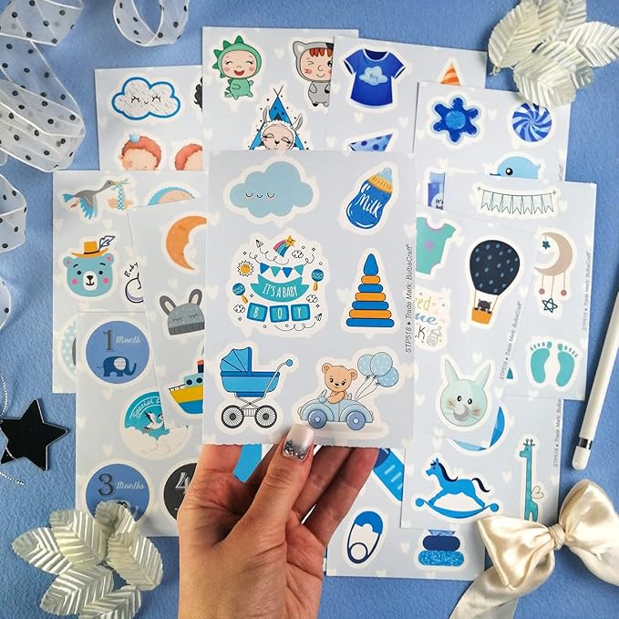 BulbaCraft 100Pcs Boy Stickers for Shower, Newborn Stickers, Shower Favors for Boys, Elephant Decals, Gifts for Women & Men