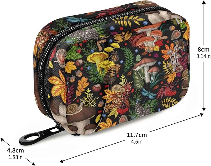 Pill Box Mushrooms Plants Insects Berries 7 Day Pill Case Travel Pill Organizer Bag with Zipper Portable Weekly Vitamin Medicine Supplement Holder Pouch Bag