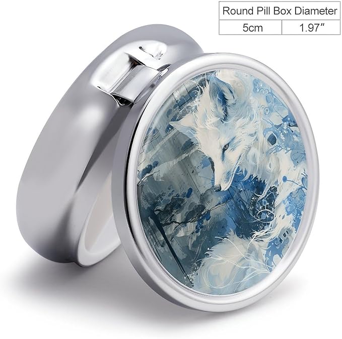 Anime White Fox Pill Box Travel Pill Case for Purse Pocket Weekly Medicine Organizer with Mirror 3 Compartment Round Medicine Case Portable PillcaseHolder for Daily