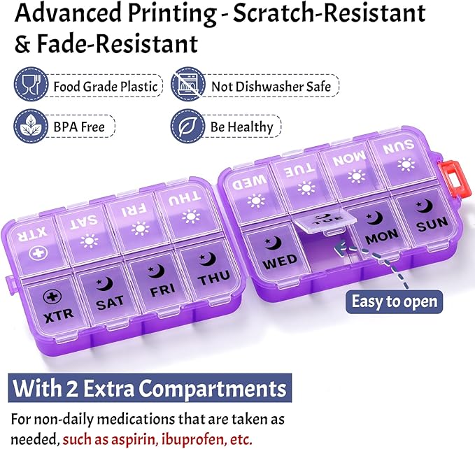 Foldable Weekly Pill Organizer 2 Times a Day with 2 Extra Compartments (Clear Printed Labels) - 7 Day AM PM Medicine Box, Week Daily Travel Pill Case Holder for Vitamin, Supplement - Clear Purple