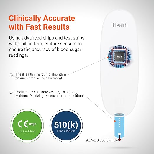 iHealth Gluco+ Wireless Smart Blood Glucose Monitor Kit with Free App, 100 Glucometer Strips, 100 Lancets, 1 Blood Sugar Monitor, 1 Lancing Device, Portable Diabetes Testing Kit for Home Use