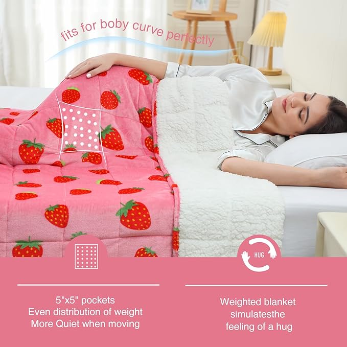 Aemicion Strawberry Pink Weighted Blanket 15lbs Twin Size 48x72in,Soft Sherpa Washable Weighted Blankets for Adults,Cozy Cute Throw Blanket Weighted as Birthday Gifts for Girls Women Mom