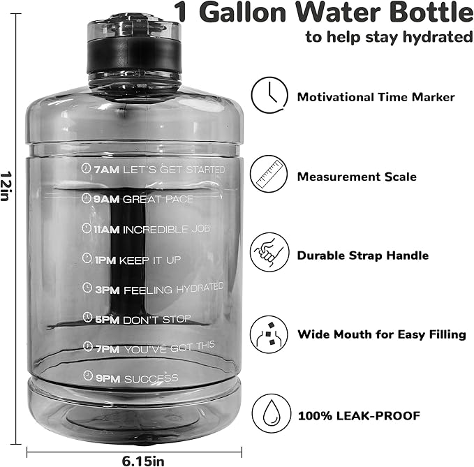 1 Gallon Water Bottle, Water Jug with Motivational Time Marker & Strap & Handle,Large-Capacity leakproof water bottles for Travel Sport Gym Outdoor（Clear