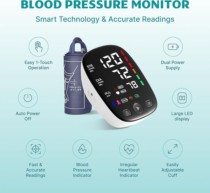 Upper Arm Blood Pressure Monitor with Wide Range Cuff that fits Standard to Large Adult Arms, Large LED Display, Irregular Heartbeat Detector, Clinically Validated, USB-C Power Cable