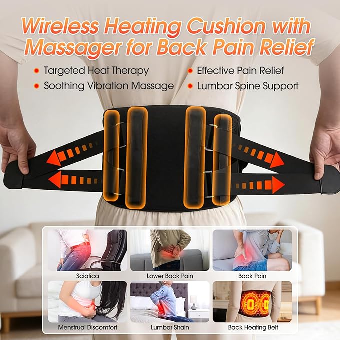 Cordless Heating Pad for Back with Massager, APP Control Portable Lower Back Massage Rechargeable with 7 Heat 7 Vibration, Heat Pad for Back Pain Relief, Gifts for Women Men Mom Dad