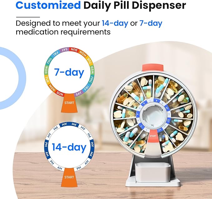 Odaro Large Pill Dispenser, Weekly Pill Organizer 7 Day Am Pm / 14 Day Pill Box, Daily Medicine Pill Organizer with Wall-Mounted or Standing Use for Vitamin, Supplement, Medicine - White