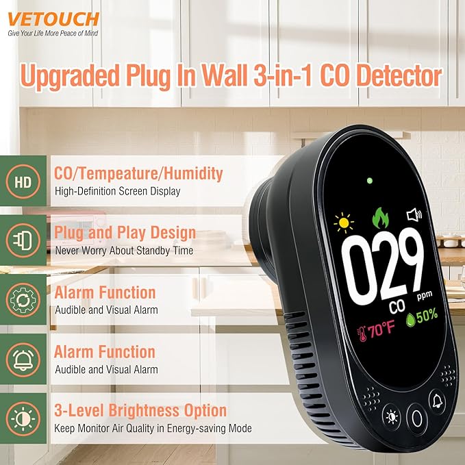 Carbon Monoxide Detector Plug in, Portable Carbon Monoxide Detector, Simultaneously Checks Temperature/Humidity,Clear LCD Display,for Home Kitchen RV Travel CO Detector